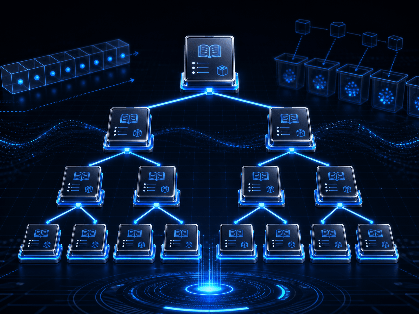 Glowing blue binary search tree organizing academic course records and prerequisite paths